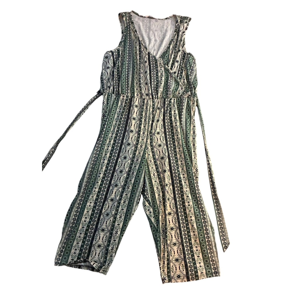 C'est La Vie Womens 3X Jumpsuit Green Floral Stripe Surplice Wide Leg Cropped